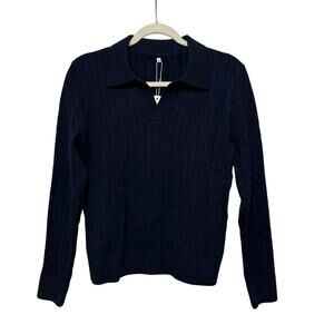 Preppy Old Money Coastal Classic Open V Neck Cable Knit Polo Sweater Navy M NWT